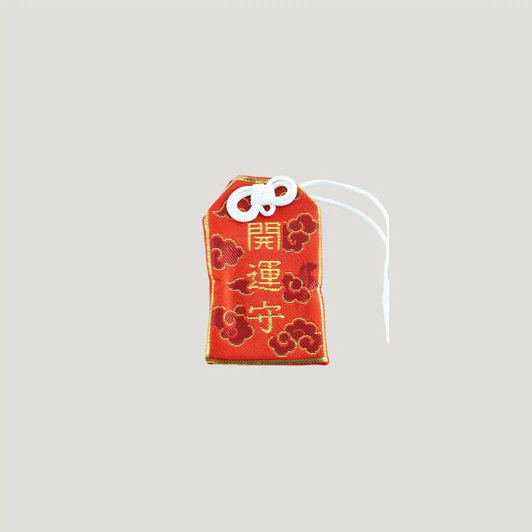 Red Good Luck Omamori from Osaka Naritasan Fudoson with gold embroidery and cloud pattern for fortune and protection