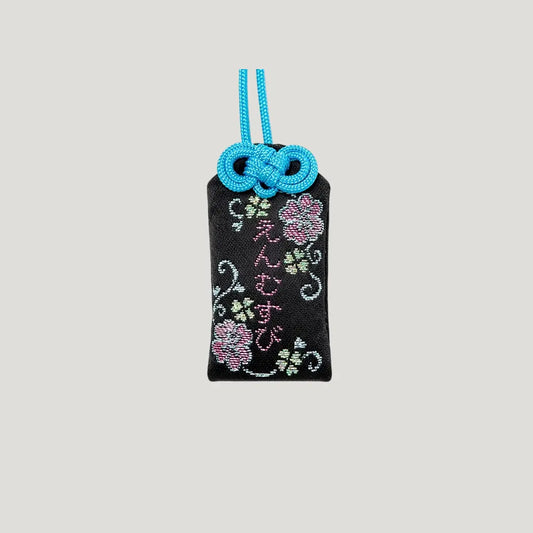 Love & Happiness Omamori in black with floral embroidery and blue cord – Shirasaki Hachimangu Shrine, Yamaguchi