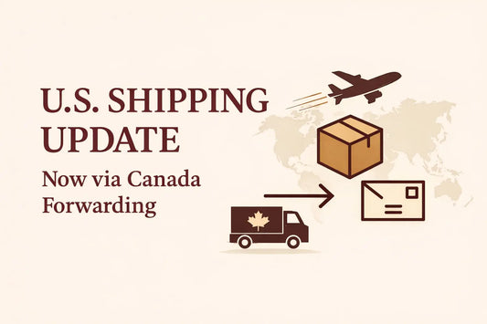 U.S. shipping update banner showing orders forwarded via Canada, illustrated with airplane, package, and delivery icons