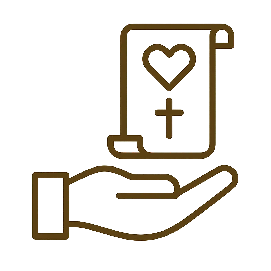Dark brown line icon of an open hand holding a scroll with heart and cross symbols, representing meaningful blessings, on a transparent background