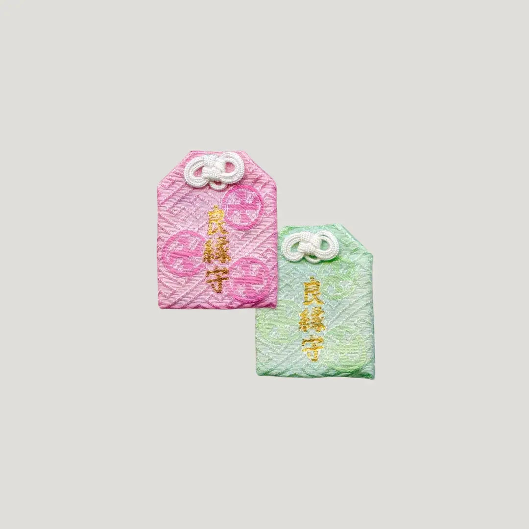 Good Match Omamori from Sensoji Temple in pink and green with elegant floral design, symbolizing connection, harmony, and meaningful relationships