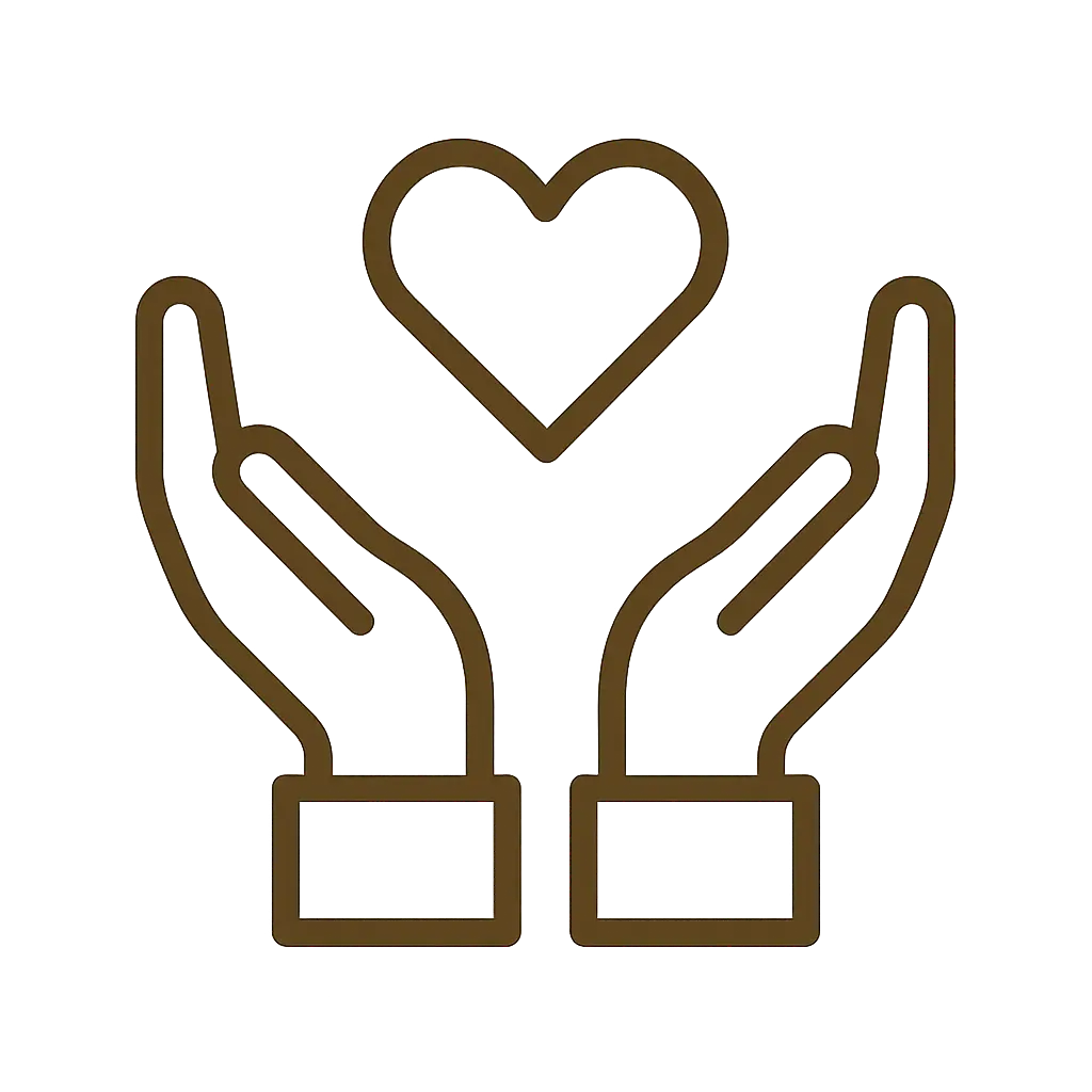 Dark brown line icon of two open hands gently holding a heart, symbolizing respectful handling and care, on a transparent background