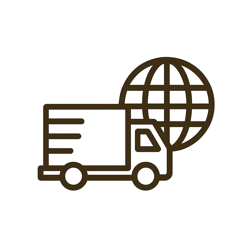 Minimalist dark brown delivery truck and globe icon representing international shipping on a transparent background