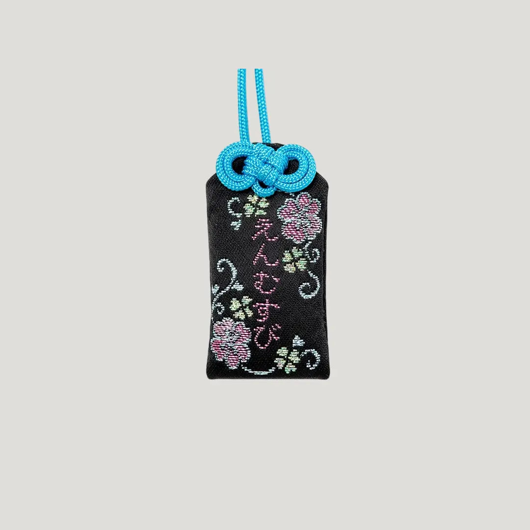 Love & Happiness Omamori in black with floral embroidery and blue cord – Shirasaki Hachimangu Shrine, Yamaguchi