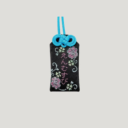 Love & Happiness Omamori in black with floral embroidery and blue cord – Shirasaki Hachimangu Shrine, Yamaguchi