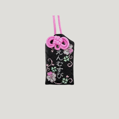 Love & Happiness Omamori in black with floral embroidery and pink cord – Shirasaki Hachimangu Shrine, Yamaguchi