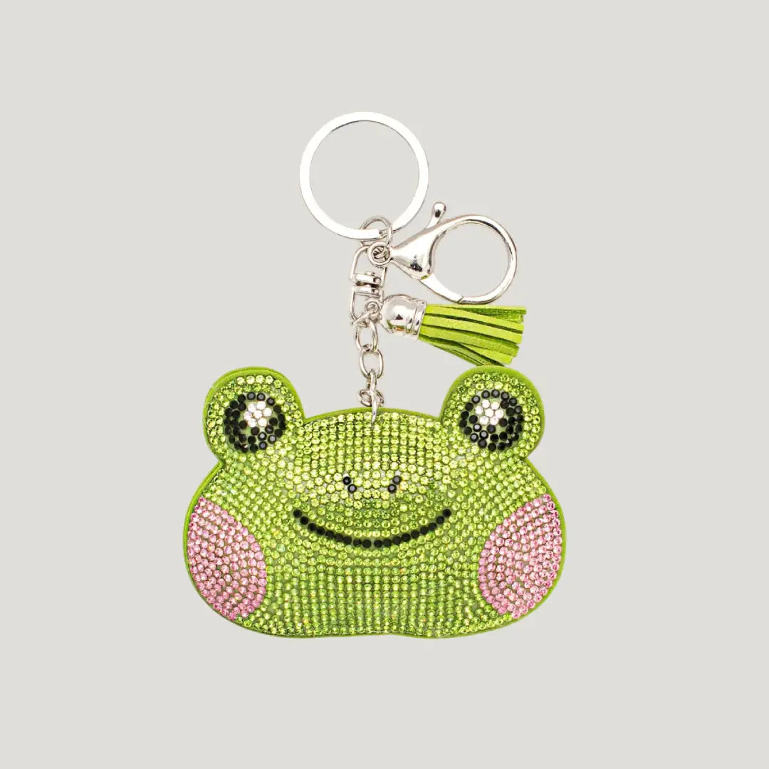 Lucky Frog Omamori (三福かえる守) front view – sparkling green frog charm from Shirasaki Shrine, brings safety, health, and happiness