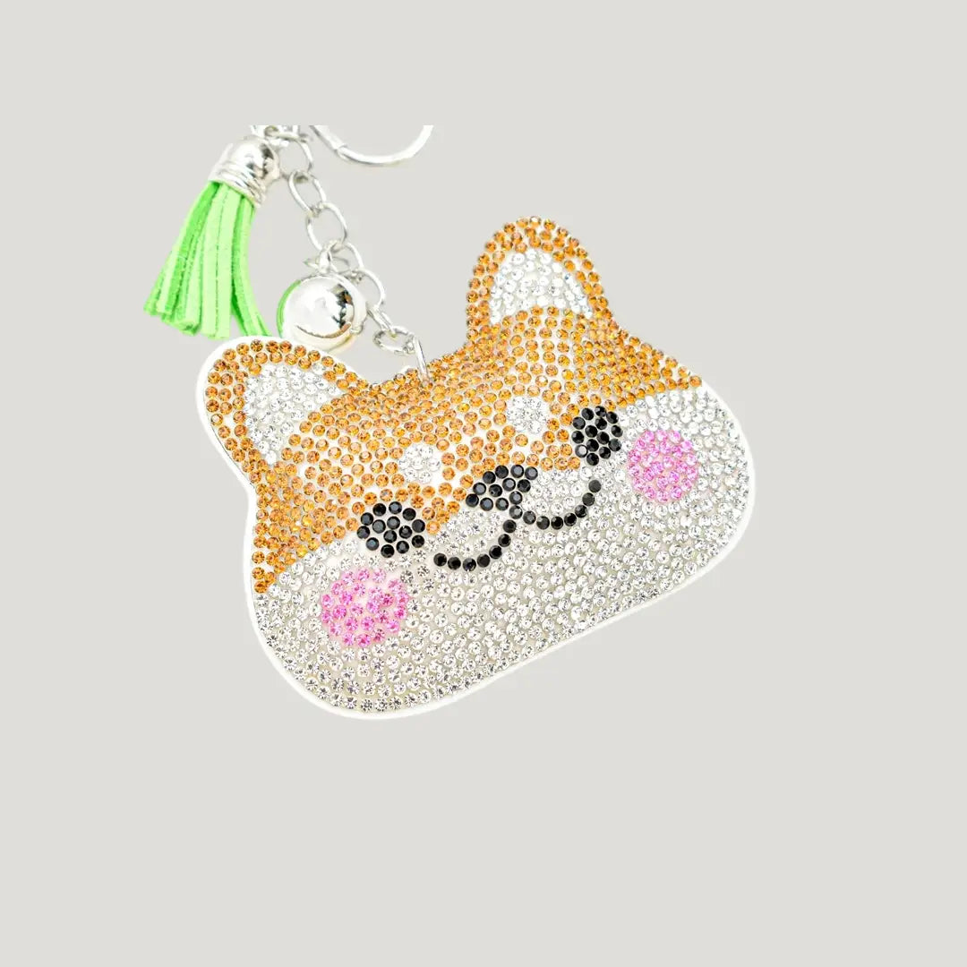 Pet Health & Safety Omamori (ペットお守り) alternate front – close-up rhinestone dog keychain omamori from Shirasaki Shrine for pet protection and good luck