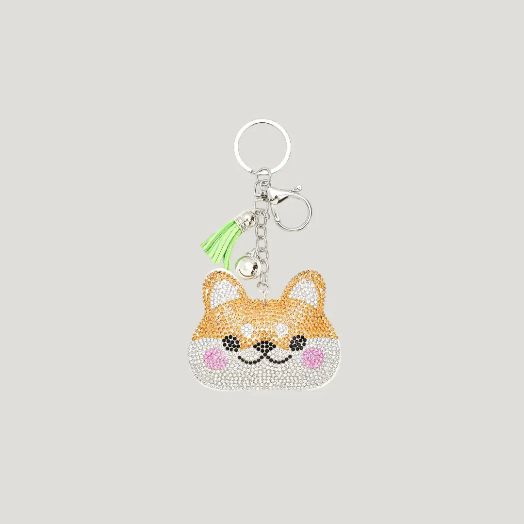 Pet Health & Safety Omamori (ペットお守り) front view – rhinestone dog keychain charm from Shirasaki Shrine for pet health, safety, and longevity