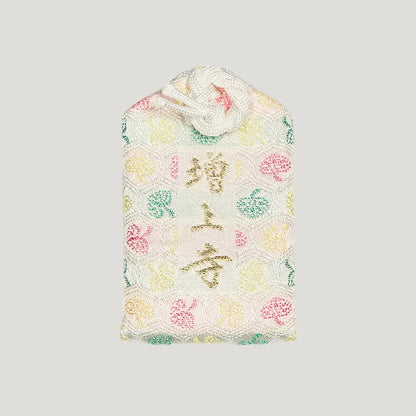 Back of 病気平癒御守 (Recovery & Healing Omamori) from Zojoji Temple – multicolor charm with 増上寺 in gold and rabbit pattern design