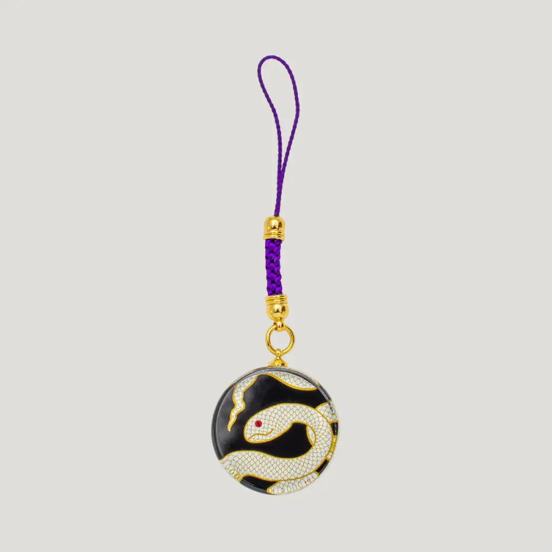 Glass Serpentine Fortune Omamori snake zodiac charm with purple cord from Shirasaki Shrine, Japan
