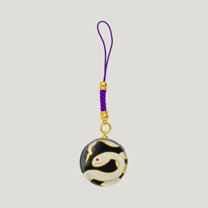 Glass Serpentine Fortune Omamori snake zodiac charm with purple cord from Shirasaki Shrine, Japan